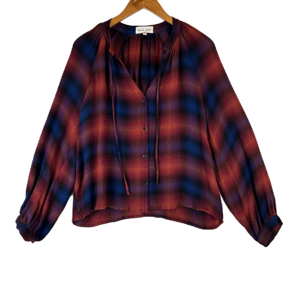 Bella Dahl Womens Plaid Button Front Tie Neck Blouse Red Blue Long Sleeve‎ M